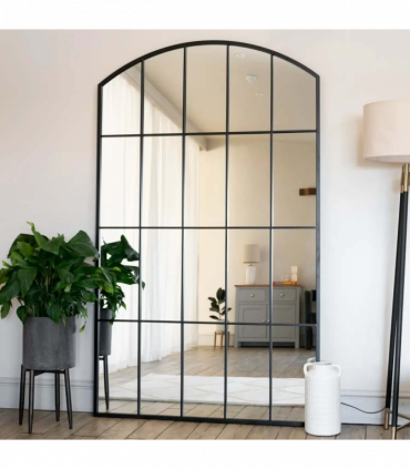 Tomi- Full Length Black Metal Arched Lattice Window Mirror - 180cm x 105cm.