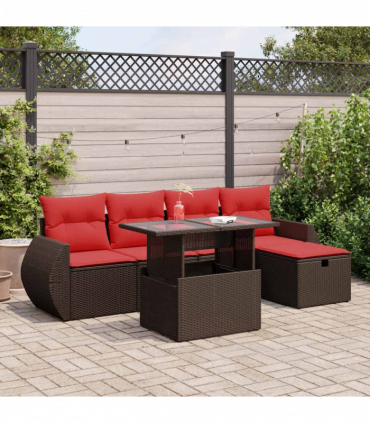 vidaXL 6 Piece Garden Sofa Set with Cushions Black Poly Rattan Acacia