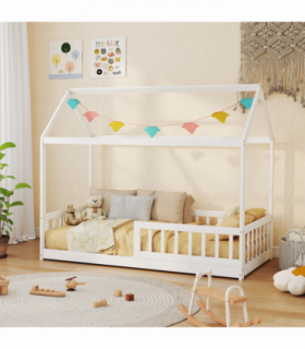HOMCOM House-Shaped Kids Bed Frame with Safety Fence for Boys Girls, White