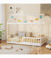 HOMCOM House-Shaped Kids Bed Frame with Safety Fence for Boys Girls, White