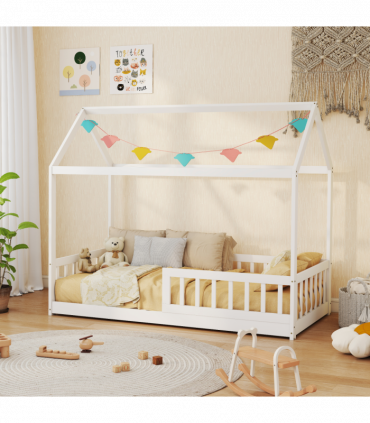 HOMCOM House-Shaped Kids Bed Frame with Safety Fence for Boys Girls, White