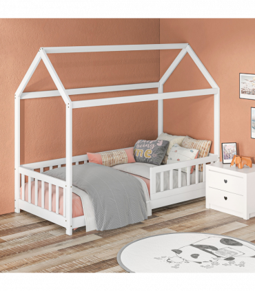 HOMCOM House-Shaped Kids Bed Frame with Safety Fence for Boys Girls, White