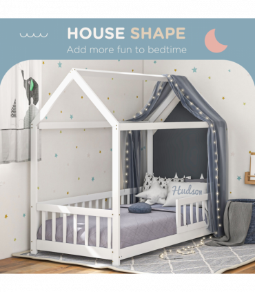 HOMCOM House-Shaped Kids Bed Frame with Safety Fence for Boys Girls, White