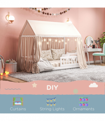 HOMCOM House-Shaped Kids Bed Frame with Safety Fence for Boys Girls, White