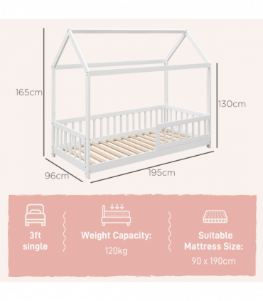 HOMCOM House-Shaped Kids Bed Frame with Safety Fence for Boys Girls, White