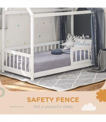 HOMCOM House-Shaped Kids Bed Frame with Safety Fence for Boys Girls, White
