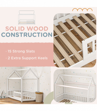HOMCOM House-Shaped Kids Bed Frame with Safety Fence for Boys Girls, White