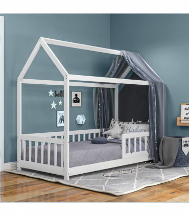 HOMCOM House-Shaped Kids Bed Frame with Safety Fence for Boys Girls, White