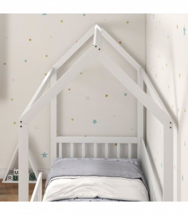 HOMCOM House-Shaped Kids Bed Frame with Safety Fence for Boys Girls, White
