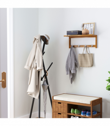 Wall Mounted Coat Rack Natural Wood Finish 50 cm x 16 cm x 17.5 cm Sturdy Hooks