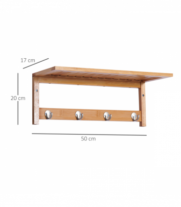 Wall Mounted Coat Rack Natural Wood Finish 50 cm x 16 cm x 17.5 cm Sturdy Hooks