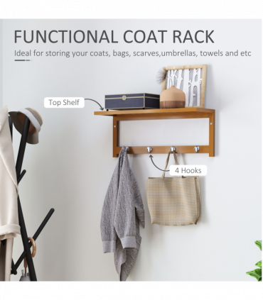 Wall Mounted Coat Rack Natural Wood Finish 50 cm x 16 cm x 17.5 cm Sturdy Hooks