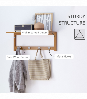 Wall Mounted Coat Rack Natural Wood Finish 50 cm x 16 cm x 17.5 cm Sturdy Hooks