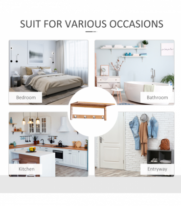 Wall Mounted Coat Rack Natural Wood Finish 50 cm x 16 cm x 17.5 cm Sturdy Hooks