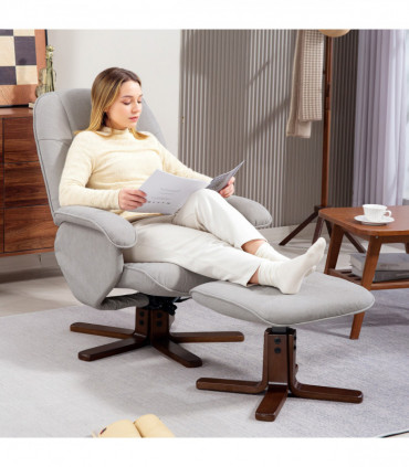 HOMCOM Swivel Recliner Chair with Footstool and Wooden Base, Light Grey