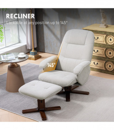 HOMCOM Swivel Recliner Chair with Footstool and Wooden Base, Light Grey