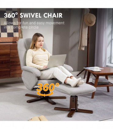 HOMCOM Swivel Recliner Chair with Footstool and Wooden Base, Light Grey