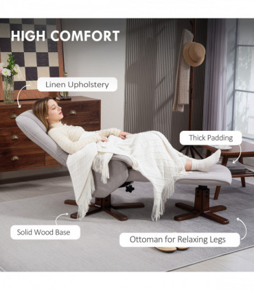 HOMCOM Swivel Recliner Chair with Footstool and Wooden Base, Light Grey