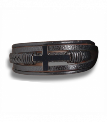 Men's Black Leather Cross Bracelet