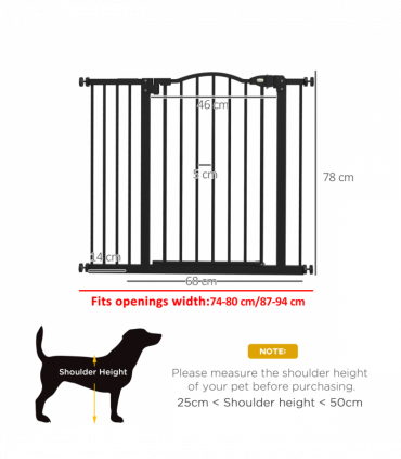 PawHut 74-94cm Adjustable Metal Pet Gate Safety Barrier w/ Auto-Close Black