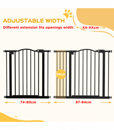 PawHut 74-94cm Adjustable Metal Pet Gate Safety Barrier w/ Auto-Close Black