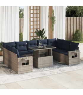 vidaXL 10 Piece Garden Sofa Set with Cushions Grey Poly Rattan Acacia