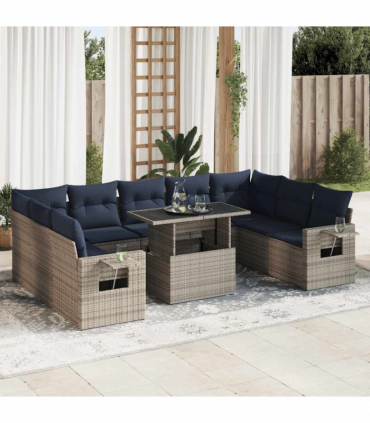 vidaXL 10 Piece Garden Sofa Set with Cushions Grey Poly Rattan Acacia