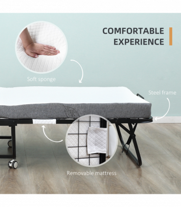 Folding Bed with 10cm Mattress, Portable Foldable Guest Bed Metal Frame