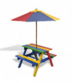 Kids' Picnic Table with Benches and Parasol Multicolour Wood