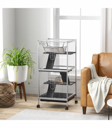 PawHut Rolling Small Animal Cage for Chinchillas Ferrets Kittens W/ Ramp Grey