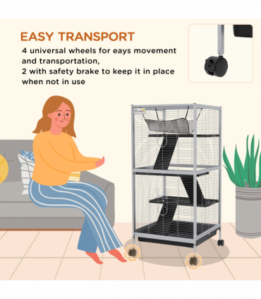 PawHut Rolling Small Animal Cage for Chinchillas Ferrets Kittens W/ Ramp Grey