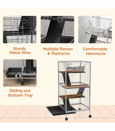 PawHut Rolling Small Animal Cage for Chinchillas Ferrets Kittens W/ Ramp Grey