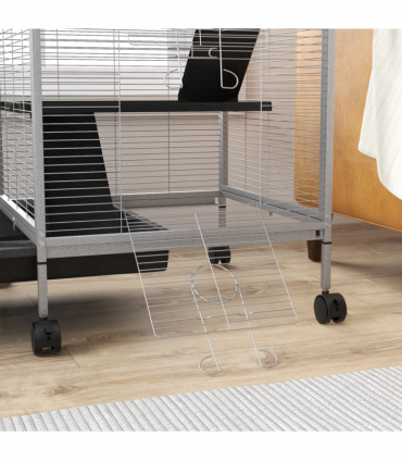 PawHut Rolling Small Animal Cage for Chinchillas Ferrets Kittens W/ Ramp Grey