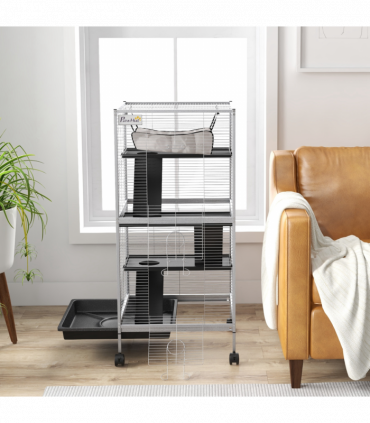 PawHut Rolling Small Animal Cage for Chinchillas Ferrets Kittens W/ Ramp Grey