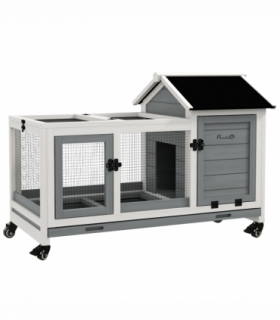 PawHut Wooden Rabbit Hutch, Small Animal  House w/ Wheels, Removable Tray - Grey