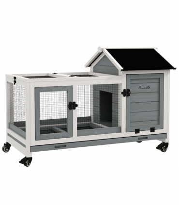 PawHut Wooden Rabbit Hutch, Small Animal  House w/ Wheels, Removable Tray - Grey