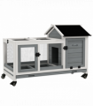PawHut Wooden Rabbit Hutch, Small Animal  House w/ Wheels, Removable Tray - Grey