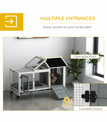 PawHut Wooden Rabbit Hutch, Small Animal  House w/ Wheels, Removable Tray - Grey