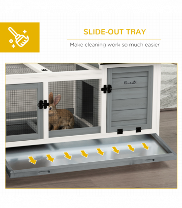 PawHut Wooden Rabbit Hutch, Small Animal  House w/ Wheels, Removable Tray - Grey