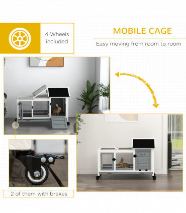 PawHut Wooden Rabbit Hutch, Small Animal  House w/ Wheels, Removable Tray - Grey