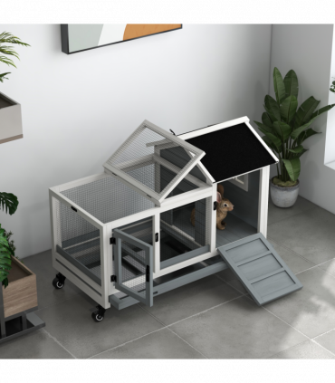 PawHut Wooden Rabbit Hutch, Small Animal  House w/ Wheels, Removable Tray - Grey