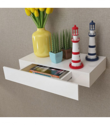 White MDF Floating Wall Display Shelf 1 Drawer Book/DVD Storage