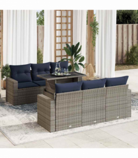 vidaXL 7 Piece Garden Sofa Set with Cushions Grey Poly Rattan Acacia