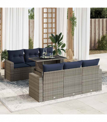 vidaXL 7 Piece Garden Sofa Set with Cushions Grey Poly Rattan Acacia