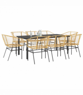 vidaXL 9 Piece Garden Dining Set Brown Poly Rattan Glass