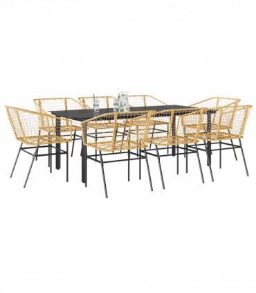 vidaXL 9 Piece Garden Dining Set Brown Poly Rattan Glass