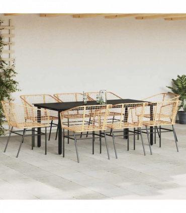 vidaXL 9 Piece Garden Dining Set Brown Poly Rattan Glass