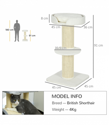 PawHut 2 Tier Cat Resting Tree with Top Basket Cushion Sisal Post Cream White