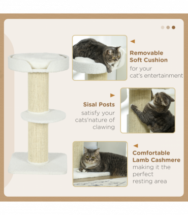 PawHut 2 Tier Cat Resting Tree with Top Basket Cushion Sisal Post Cream White