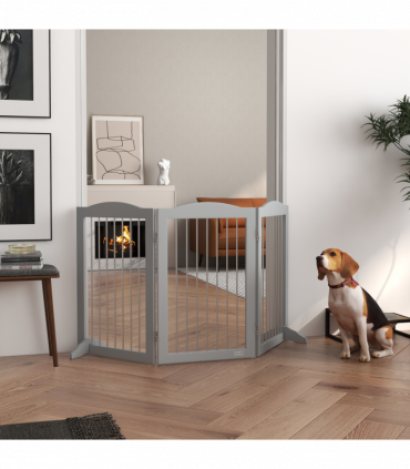 PawHut Foldable Dog Gate, Freestanding Pet Gate with Two Support Feet - Grey